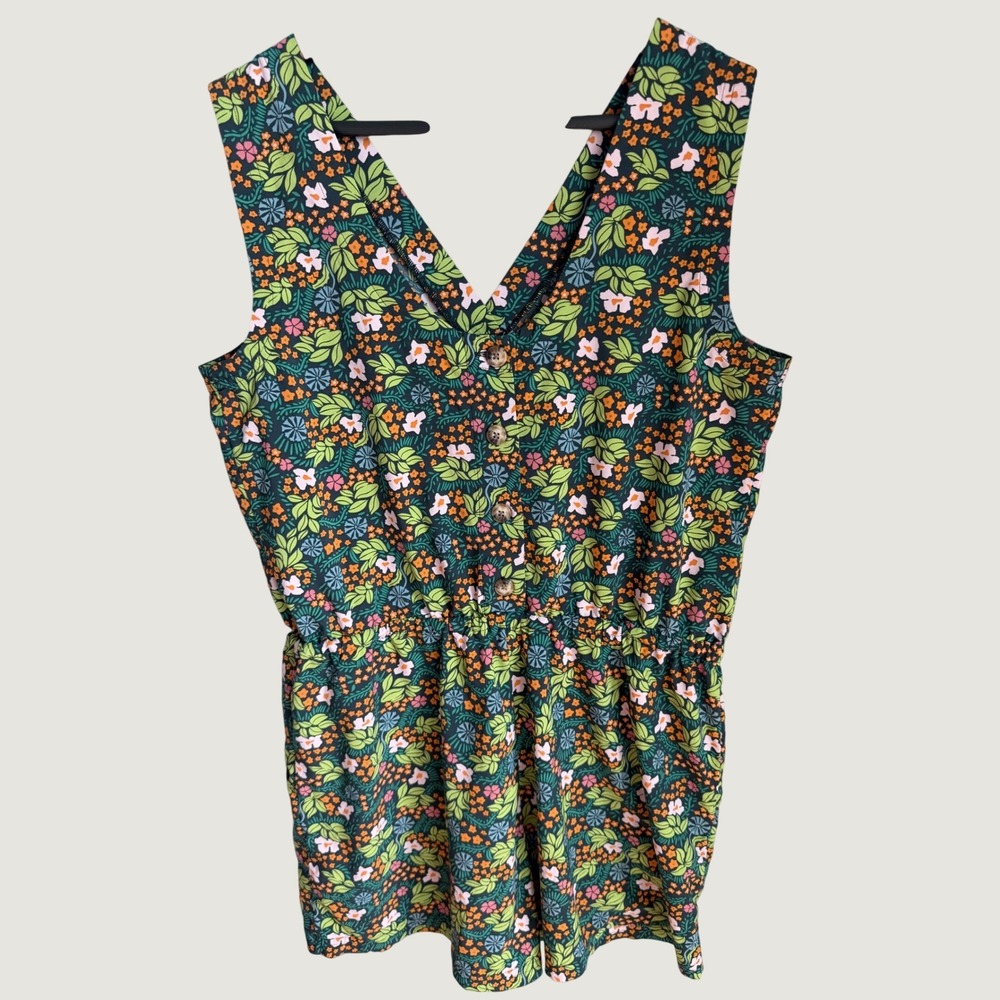 Toad&Co Liv Romper Floral Gorpcore Outdoors Womens Size M Green Sleeveless Trail